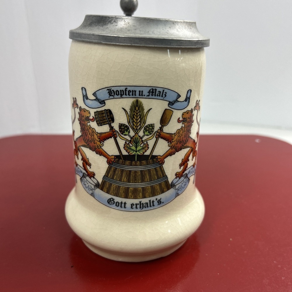 Vtg Stoneware GERZ Beer Mug Made in W. Germany 0.5L Pewter Lid 6" Tall